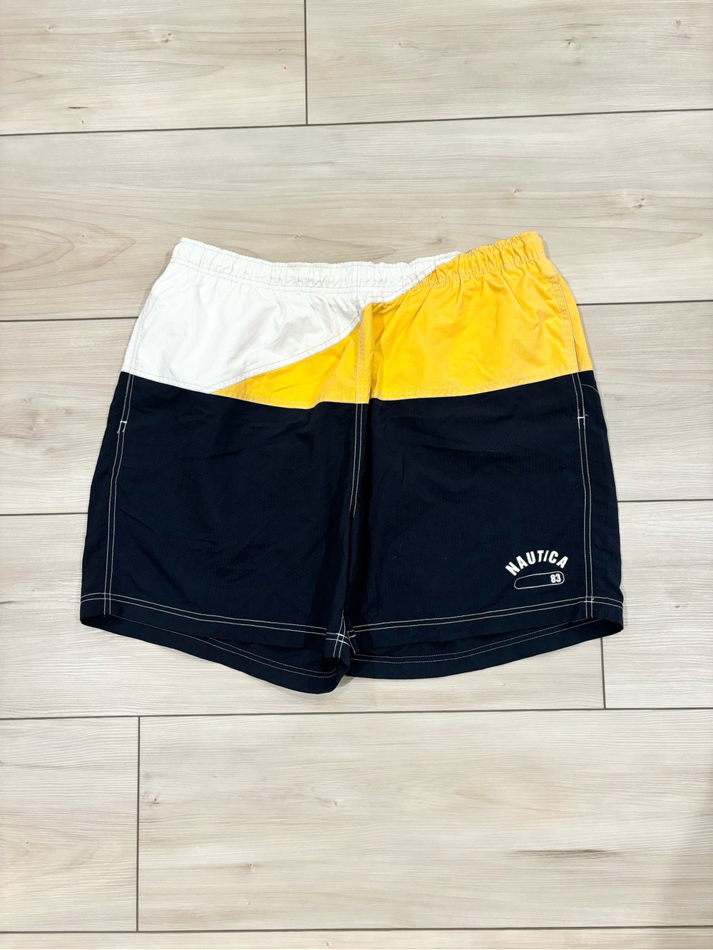 Nautica Vintage 90s Men’s Colorblock Navy, Yellow & White Swim Trunks